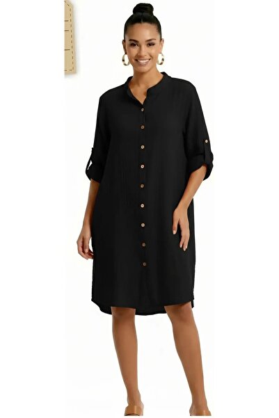 ELİTE NOVA SHOPPİNG Hakim Yaka 3/4 Kol Düğmeli Cepli Casual Müslin Oversize D...