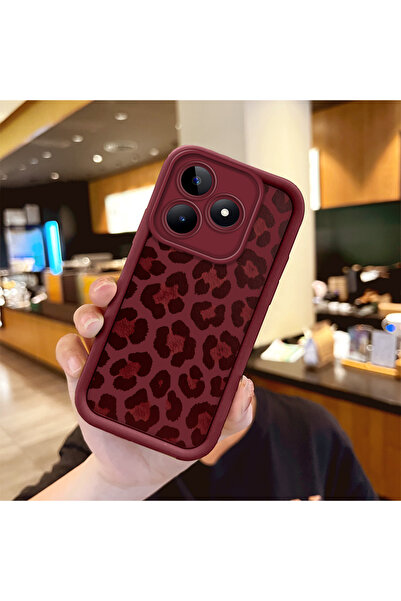 SLIMFELT Realme Note 50 Uyumlu Yüksek Kalite Bordo Leopar Desenli Kılıf, Retr...