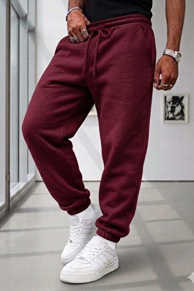 NO 601 Men's Burgundy Thick Fleece-Lined Sweatpants with Elastic Cuffs