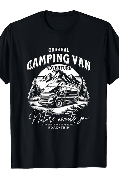 Chic Bloom تي شيرت كلاسيكي أسود برقبة دائرية بتصميم كاجوال من campervan