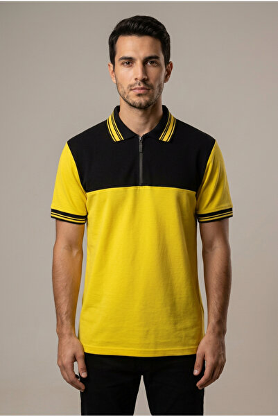 Tisho Erkek Fermuarlı Polo Yaka T-Shirt Sarı Siyah %100 Pamuk Pike Kumaş