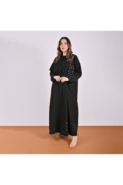 HAWRAA ABAYA Black Blazer Abaya with a Unique Cut and Beige Satin Lining.