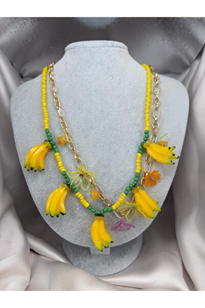 ZS Aksesuar Colorful Beaded Women's Necklace with Banana Figure Fun Design Bo...