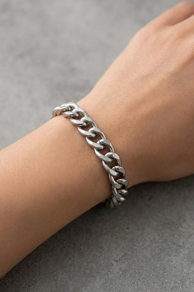 Lunessia Unisex Silver Çelik Gurmet Zincir Bileklik - Kararmaz Paslanmaz Çelik Klasik Bileklik