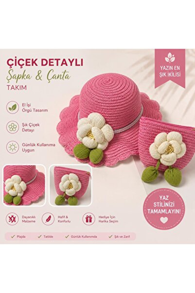ZS Aksesuar Children's Floral Detailed Straw Hat and Bag Set 2-5 Years Old