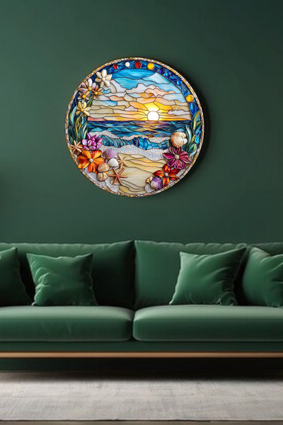 Lucena Vitraliu cu pești și apus de soare, tablou MDF, ornament decorativ de ...