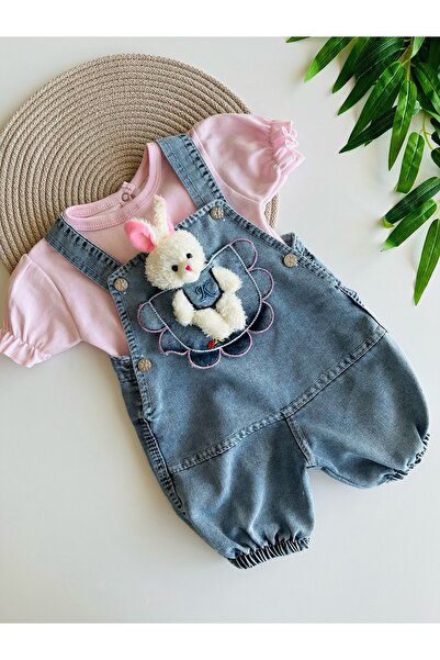 DIDuStore Kız Bebek Oyuncak Tavşanlı Kot Salopet Tişörtlü