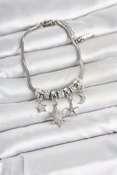 TakÇalıştır Brass Silver Color Pole Star Detailed Charm Women's Bracelet