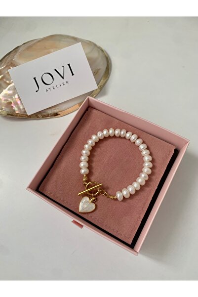 JOVİ ATELİER 18cm - Doğal Rondela Kadın İnci Bileklik | Çelik Aparat | Kalp C...