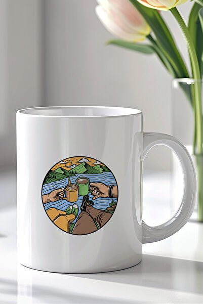 Mio Life 330ml Printed White Ceramic Mug Cup with Nature View Camping Theme