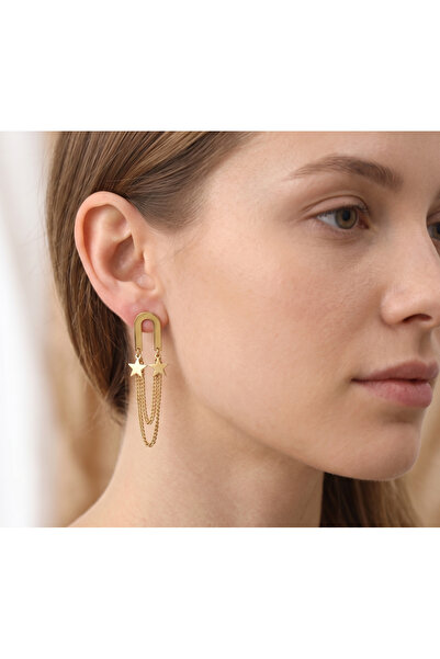 Retrovy Store Gold Plated Earrings with Dangling Star and Chain Detail