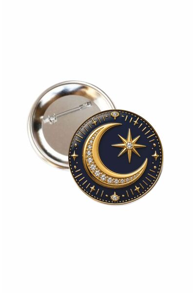Gokco Luxury Lacivert Ay Yıldız Figürlü Gold Takı Bijuteri Buton Rozet