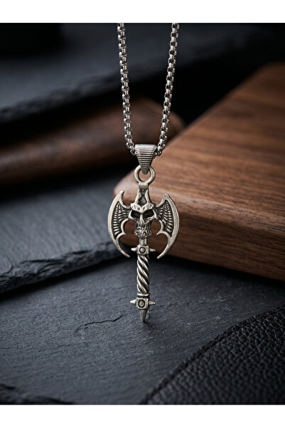 Velcari Minimalist Style Stainless Steel Men's Necklace with Skull and Axe Fi...