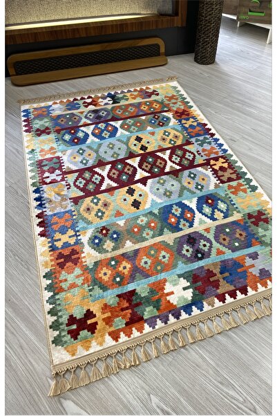 Just Arte Dekoratif Örgü Saçaklı Salon Halısı Makinada Yıkanabilir Multi Kili...