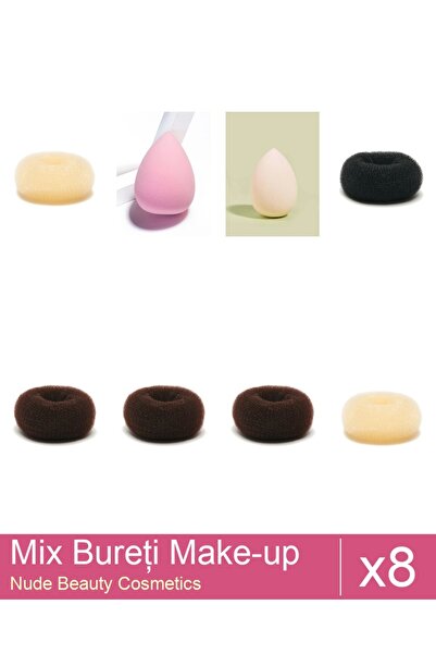 Makeup Set Mix 8 products Sponges: Blonde bun sponge - 9 cm diameter, Extra-s...