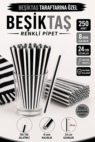 ardin Beşiktaş Renkli Pipet 250 Adet 8 mm 24 cm Tek Tek Paketli Jelatinli Siy...