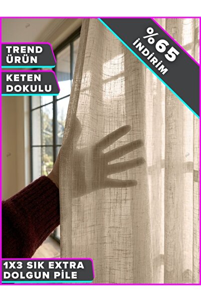 Demor Home Keten Beji Lüks Keten Dokulu 1/3 Sık Pile Zarif Tül Perde | Ütü İs...