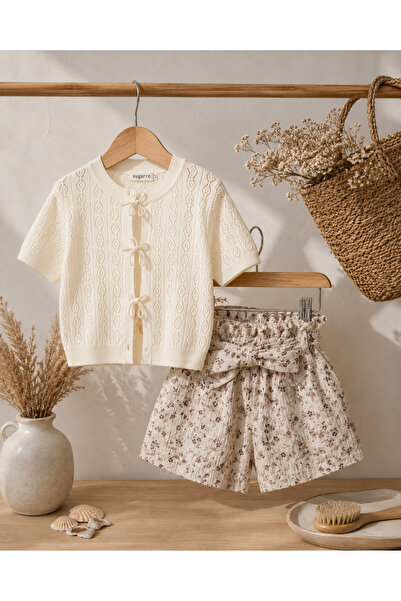 RÜYA KİDS Girl's holiday muslin shorts thin knit cardigan 3-piece summer outf...