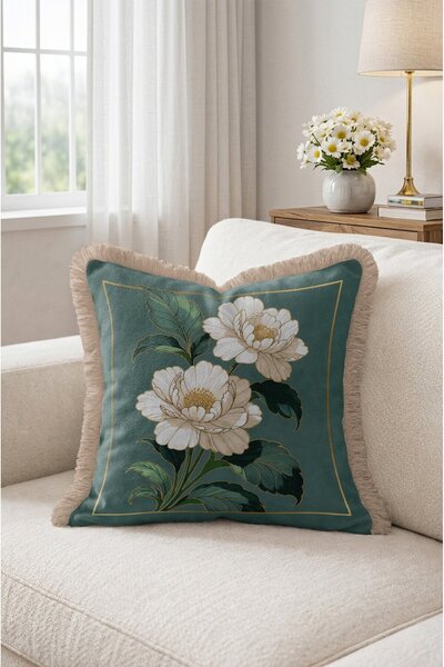 IdeCraft White Floral and Leaf Pattern Fringed Throw Pillow Cover - Cream Tas...