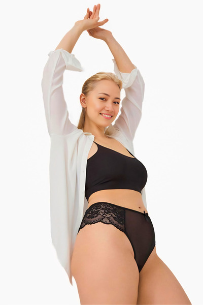 Homay Plus Size Brazilian Lace Panties with Tulle Detail on the Front - One P...