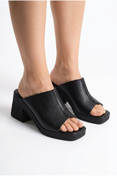 Lidora Women's Black Thick High Heeled Slippers Ayk1076