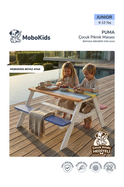 mobokids Çocuk Piknik Masa Bank Puma Çok Renkli Masif Ahşap 4 kişilik Junior ...