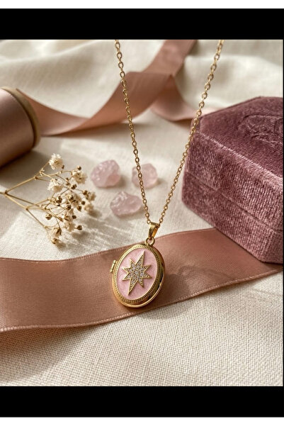 Hiis Store Vintage Esintili Kuzey Yıldızı Pembe Mineli Açılabilir Kolye