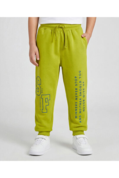 Pine kids Knit Full Length Lounge Pant with Text Print - Olive Green