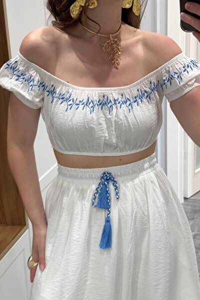Banu Angay Embroidery Detailed Balloon Sleeve Crop Blouse Ecru
