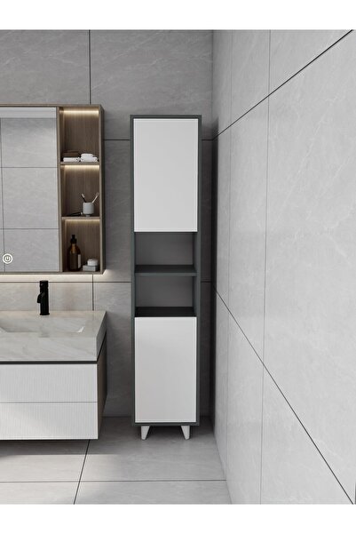 Masif Market Riva Çamaşır Sepetli Banyo Dolabı Koyu Gri Renk