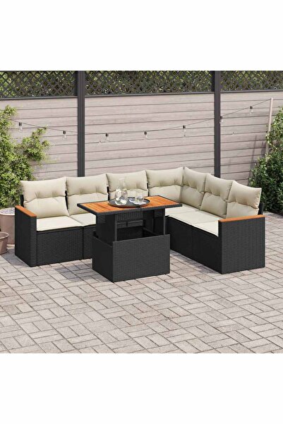 vidaxl Set canapele gradina perne 7 piese negru, poliratan/lemn acacia
