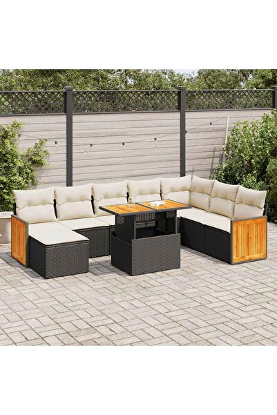 vidaxl Set mobilier gradina perne 9 piese negru poliratan/lemn acacia