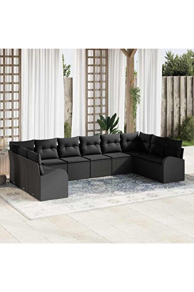 vidaxl Set de canapea cu perna 10 pcs Negru Poliratan
