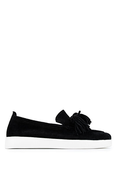 Tamer Tanca Women's Genuine Leather Black Suede Loafer Shoes