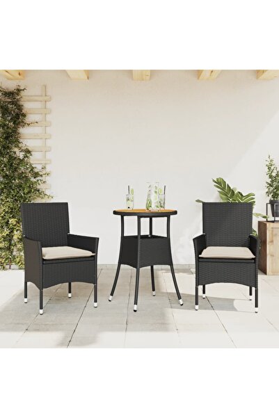 vidaxl Set mobilier gradina perne 3 piese negru poliratan/lemn acacia