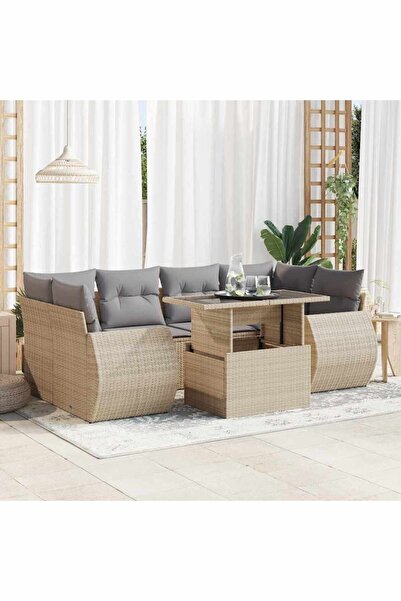 vidaxl Set canapele de gradina, 7 piese, cu perne, bej, poliratan
