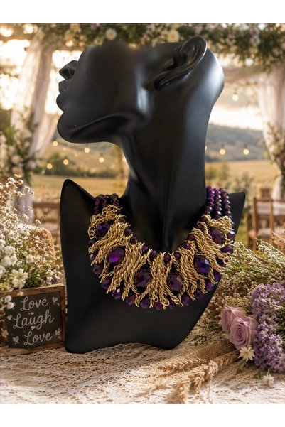 CROCUS DESIGN Kristal boncuklu zincir detaylı özel tasarım yaka kolye