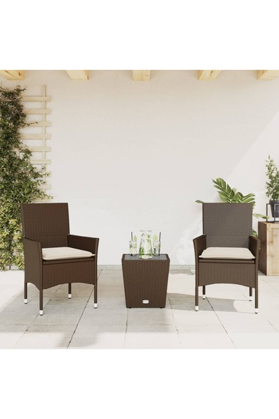 vidaxl Set bistro cu perne, 3 piese, maro, poliratan È™i sticla