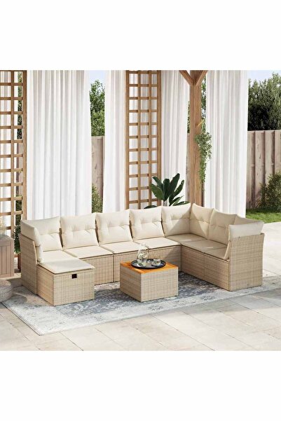 vidaxl Set canapele de gradina, 9 piese, cu perne, bej, poliratan