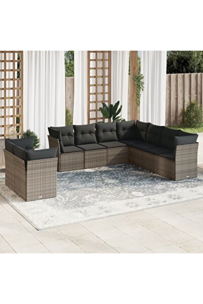vidaxl Set canapele de gradina, 9 piese, cu perne, gri, poliratan