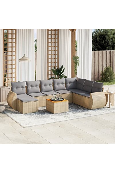 vidaxl Set canapele de gradina, 9 piese, cu perne, bej, poliratan