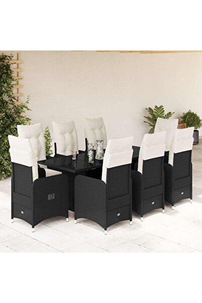 vidaxl Set bistro de gradina, 9 piese, cu perne, negru, poliratan