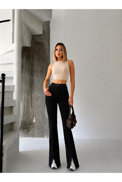 yourshıne denım co. Pantaloni din denim negri, cu deschidere la picior, din lycra, stil spaniol/evazați.