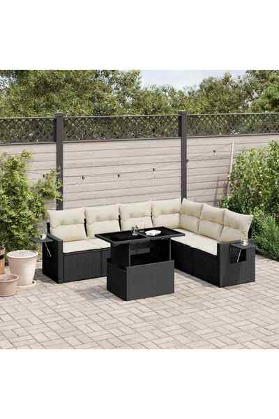 vidaxl Set canapele de gradina cu perne, 7 piese, negru, poliratan