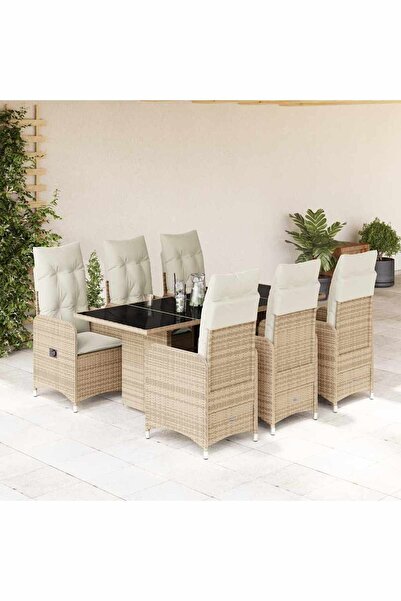 vidaxl Set bistro de gradina, 7 piese, cu perne, bej, poliratan