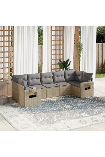 vidaxl Set canapele de gradina, 7 piese, cu perne, bej, poliratan