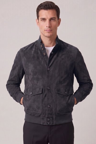 Deriderim Anthracite Knox Men's Buttoned Lined Waist and Sleeve Tricot College Genuine Suede Coat