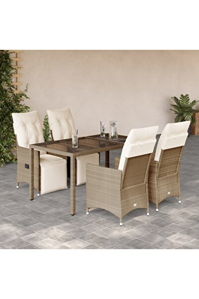 vidaxl Set bistro de gradina, 5 piese, cu perne, bej, poliratan