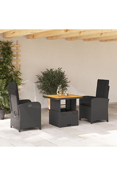 vidaxl Set mobilier de gradina cu perne, 3 piese, negru, poliratan