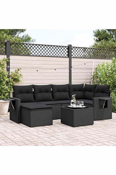 vidaxl Set canapele de gradina cu perne, 7 piese, negru, poliratan